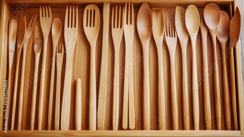 Wooden Kitchen Utensils in a Drawer Arrangement