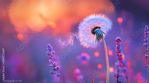 Dandelion seeds drifting in sunset light, soft bokeh background, peaceful scene