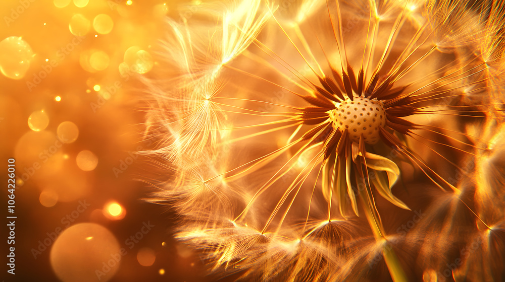 Obraz premium Ethereal dandelion with seeds floating in warm sunset light and soft bokeh