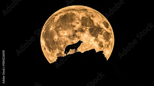 A lone wolf stands on a hilltop silhouetted against a full moon in a dark sky.