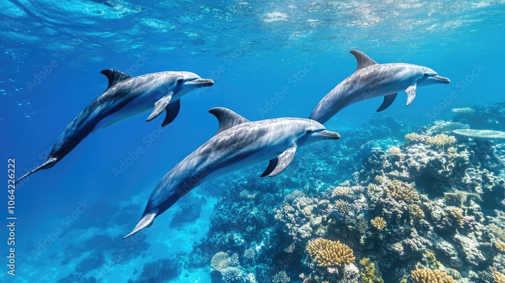 Obraz premium Dolphins Swimming Over Vibrant Coral Reef
