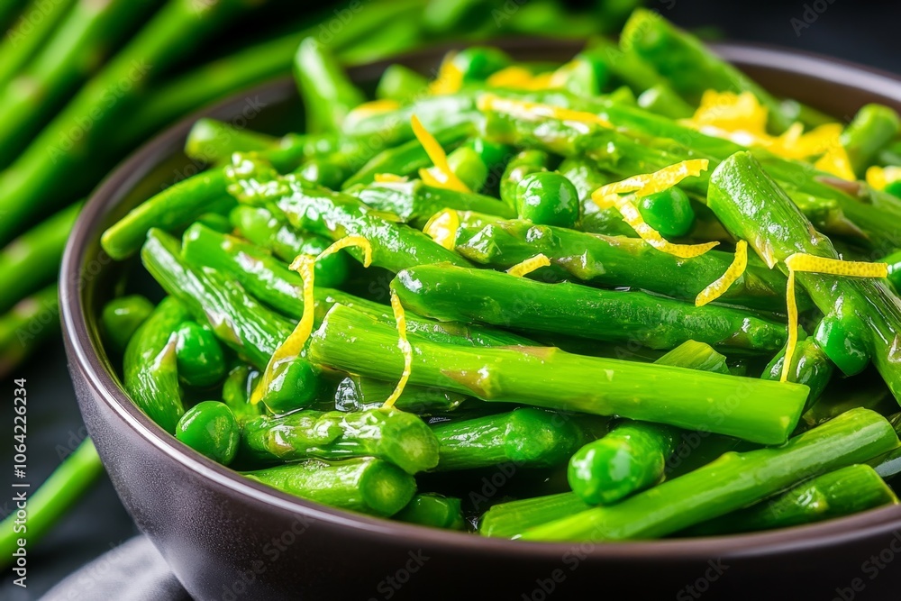 A bowl of asparagus marinating in lemon zest and olive oil, with fresh green stalks soaking up the light, tangy flavors A bowl of asparagus marinating in lemon zest and olive oil, with fresh green stalks soaking up the light, tangy flavors