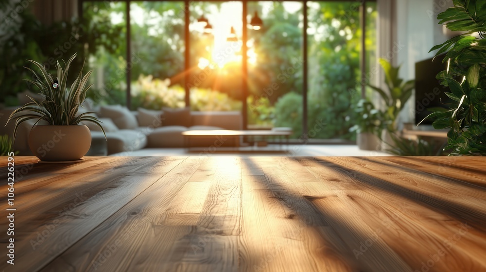 Fototapeta premium Sunlit Living Room with Wooden Table Surface. Cozy living room with a rustic wooden table in the foreground, large windows, and lush indoor plants, basking in sunlight.