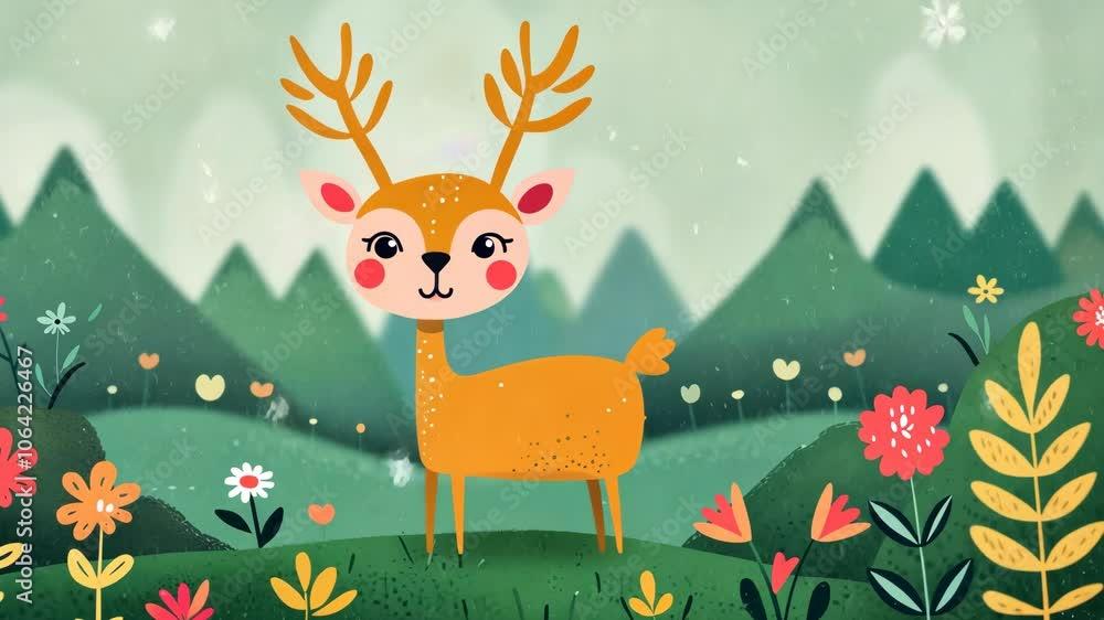 Cute Cartoon Deer in Springtime Meadow with Flowers and Mountains, Delightful Nature Illustration, Whimsical Animal Art for Children's Books and Nursery Decor Cute Cartoon Deer in Springtime Meadow with Flowers and Mountains, Delightful Nature Illustration, Whimsical Animal Art for Children's Books and Nursery Decor