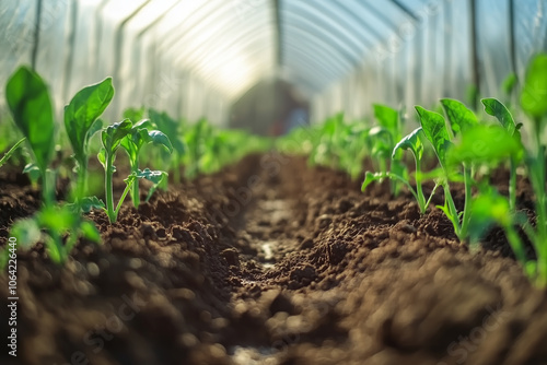 Row of cultivated plants growing on fertile soil in modern agricultural innovative greenhouse