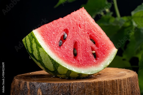 A chilled slice of watermelon on a hot day, with juicy, red flesh and refreshing flavor, perfect for a summer craving photo