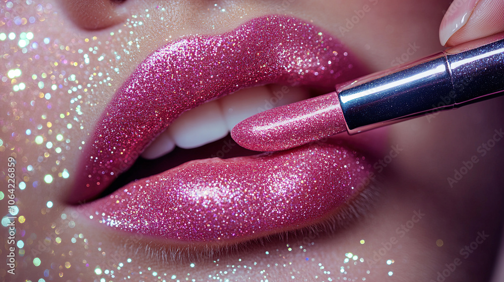 Obraz premium Close-up of a beautiful woman's lips with glittery lipstick. The focus is on the lip and the lipstick