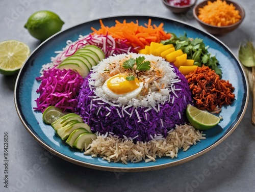 Top-Down View of Nasi Kerabu with Blue Rice Centerpiece photo