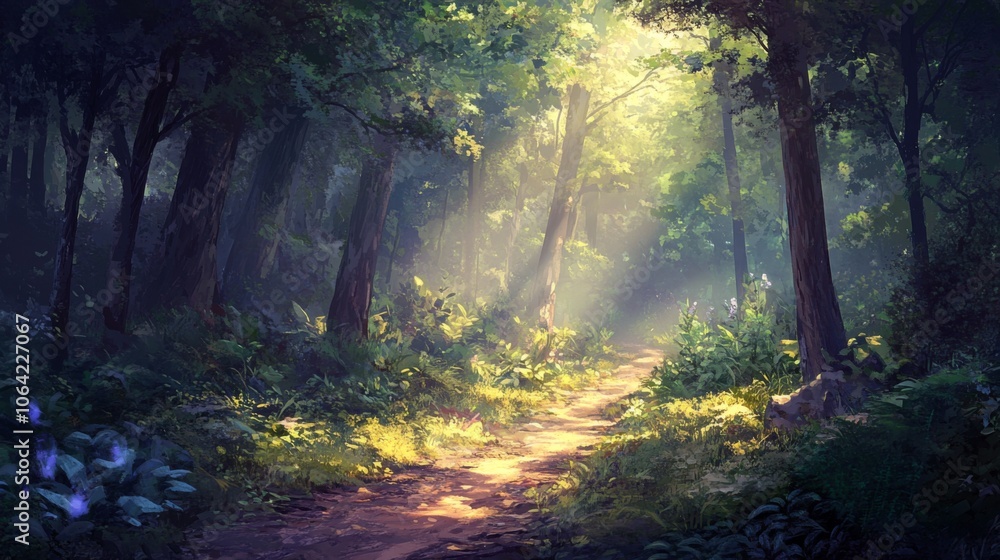 Naklejka premium Hiking trail in a dense forest with light filtering through the trees