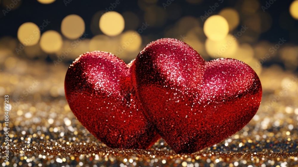 Fototapeta premium Sparkling Red Hearts on Glittering Background