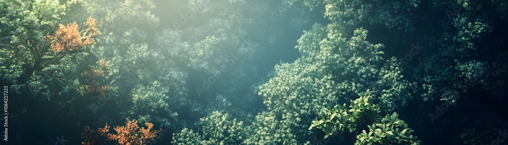 A misty forest canopy with sunlight breaking through A misty forest canopy with sunlight breaking through