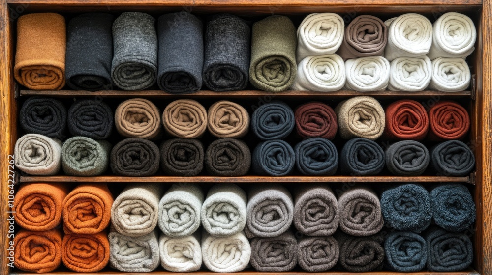 Neatly Arranged Rolled Fabrics in a Drawer Neatly Arranged Rolled Fabrics in a Drawer