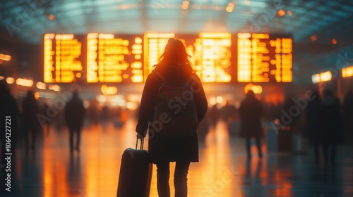 Traveler Waiting at Airport with Luggage. Solo traveler with luggage stands in front of a brightly lit departure board in an airport, capturing the anticipation of travel.