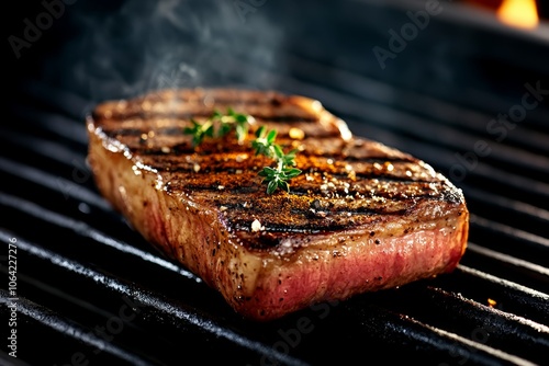 A juicy steak sizzling on a grill with charred marks, with spices and herbs creating a hearty, crave-worthy dish for meat lovers photo