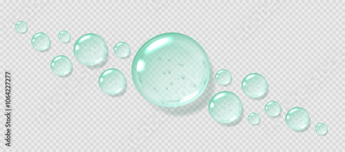 Mint serum drops, transparent gel droplets, realistic glossy liquid, moisturizing cosmetic product, hyaluronic acid or fresh gel toothpaste concept. Vector illustration.