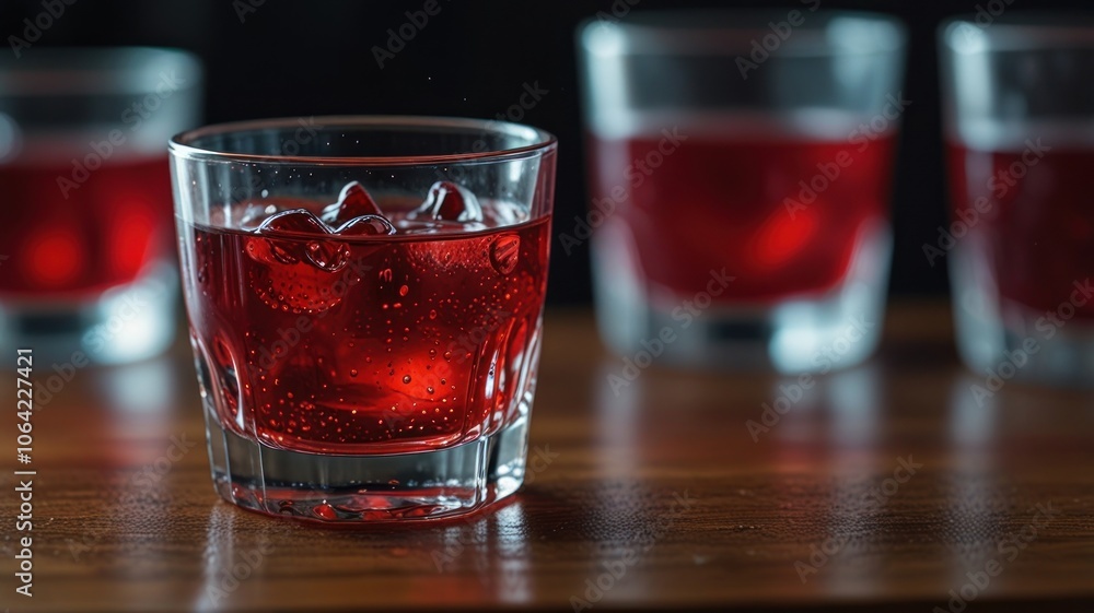 a glass filled with a bright red liquid, probably cherry juice. Fresh cherries float on the surface of the liquid, creating a visually appealing contrast against the dark background. a glass filled with a bright red liquid, probably cherry juice. Fresh cherries float on the surface of the liquid, creating a visually appealing contrast against the dark background.