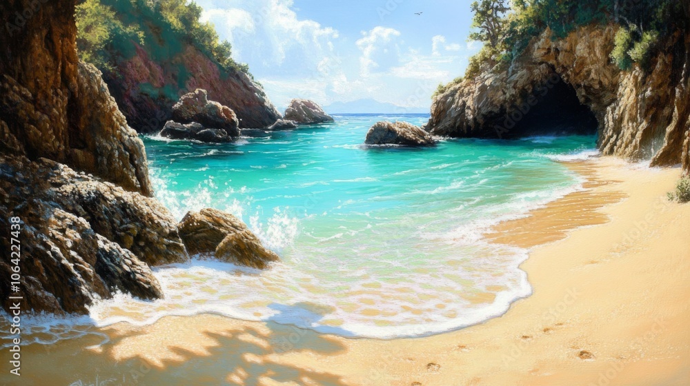 Secluded beach cove with turquoise water, golden sand, and rocky cliffs Secluded beach cove with turquoise water, golden sand, and rocky cliffs