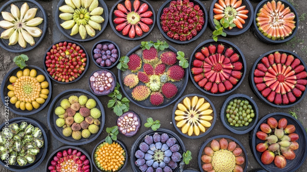 Colorful Arrangement of Fresh Fruits in Bowls Colorful Arrangement of Fresh Fruits in Bowls