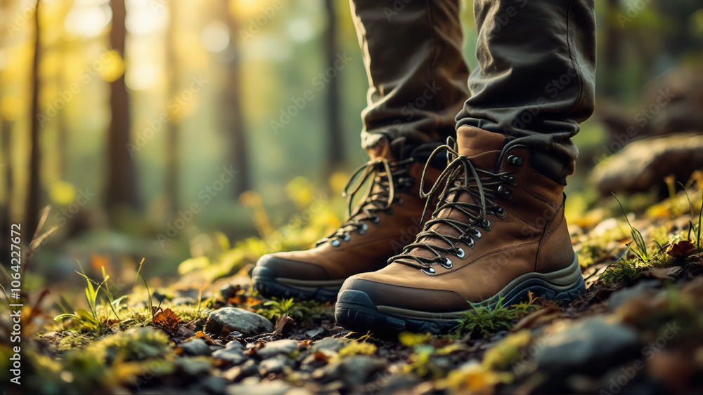 human legs in Hiking boots in the nature human legs in Hiking boots in the nature
