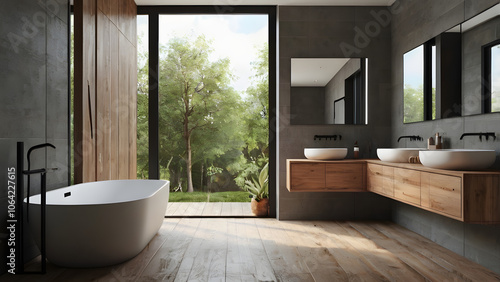 Modern bathrooms: 3D rendering with wood accents and large windows generative ai