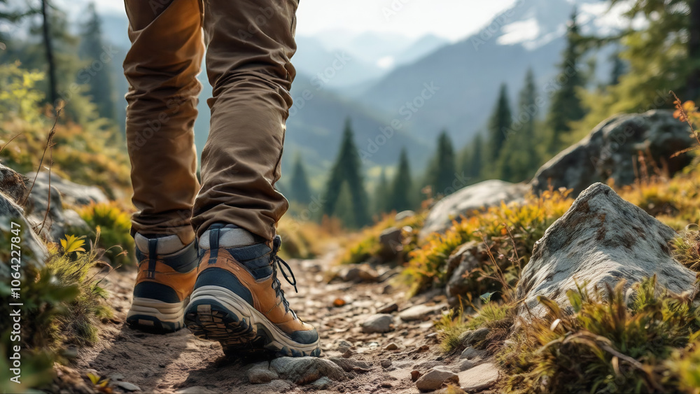 Close-up Hiker legs with Hiking boots in the mountain Close-up Hiker legs with Hiking boots in the mountain