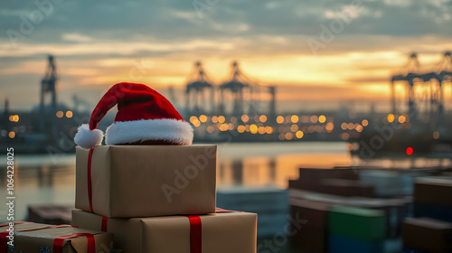 Christmas Hat on Boxes at Shipping Dock