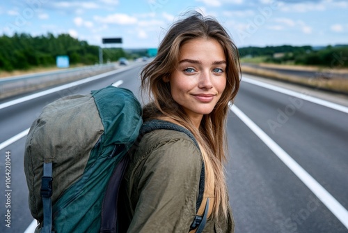 A woman hitchhiking on a lonely highway, with a small backpack and a determined look, symbolizing escape from her past