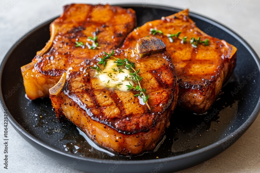 Basting a sizzling steak in a pan with melted herb butter, with thyme and garlic visible, capturing a rich, buttery sear Basting a sizzling steak in a pan with melted herb butter, with thyme and garlic visible, capturing a rich, buttery sear