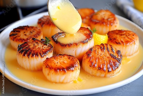 Basting scallops with lemon butter sauce on the stovetop, adding a bright, flavorful coating to each scallop photo