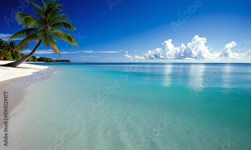 Wallpaper Mural A single palm tree on a white sandy beach with crystal clear blue water and a few puffy clouds in a brilliant blue sky. Torontodigital.ca