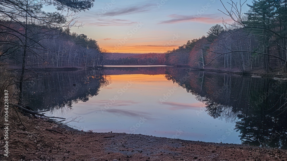 Obraz premium Serene Sunset Reflection on a Tranquil Lake