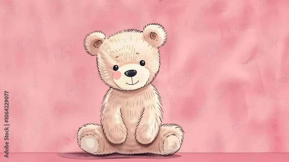 Adorable Hand-Drawn Teddy Bear Sitting on Pink Background, Cute Plush Toy Illustration for Kids' Room Decor, Soft Pastel Color Scheme, Whimsical Childish Design, Ideal for Baby Shower Invitations Adorable Hand-Drawn Teddy Bear Sitting on Pink Background, Cute Plush Toy Illustration for Kids' Room Decor, Soft Pastel Color Scheme, Whimsical Childish Design, Ideal for Baby Shower Invitations