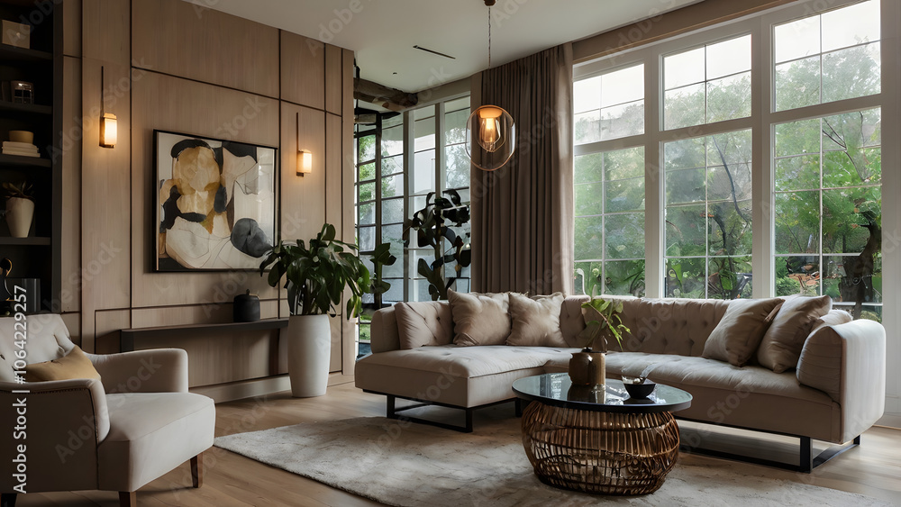Stylish home living room: rest and dining area and windows generative ai Stylish home living room: rest and dining area and windows generative ai