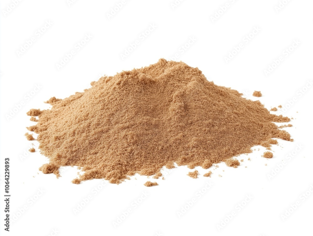 Close-up of single light brown rice grain isolated on white background. Grain small size and light color contrast against white. Central position draws attention to grain. Close-up of single light brown rice grain isolated on white background. Grain small size and light color contrast against white. Central position draws attention to grain.
