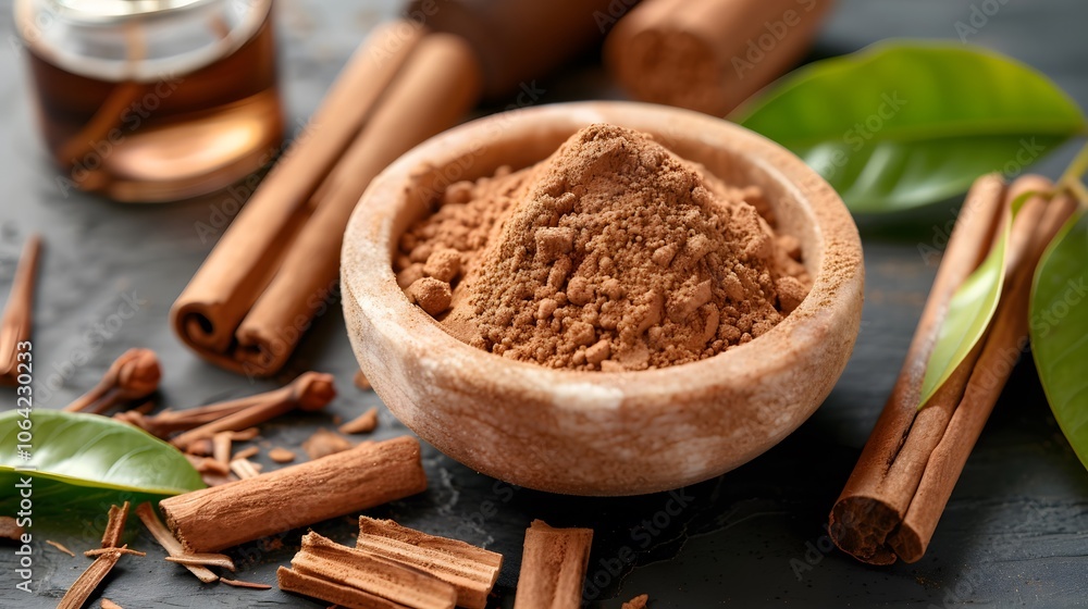 Chandan or sandalwood powder with traditional mortar, sandalwood sticks, perfume or oil and green leaves. selective focus. 