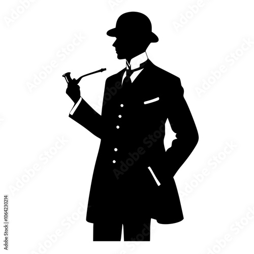 Silhouette gentlemen smoking with pipe, detective with smoke pipe