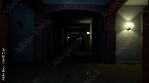 Wallpaper Mural Scary hotel corridor with flickering lights. Camera passing by dark hallway with lamps and doors. Seamless looping. 3d render. Torontodigital.ca