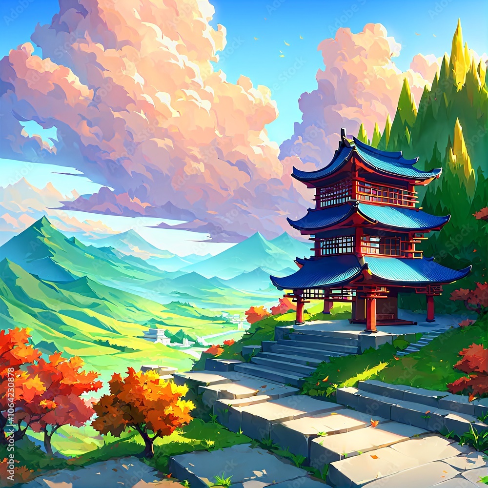 Fototapeta premium Traditional Japanese Temple in Autumn with Falling Leaves