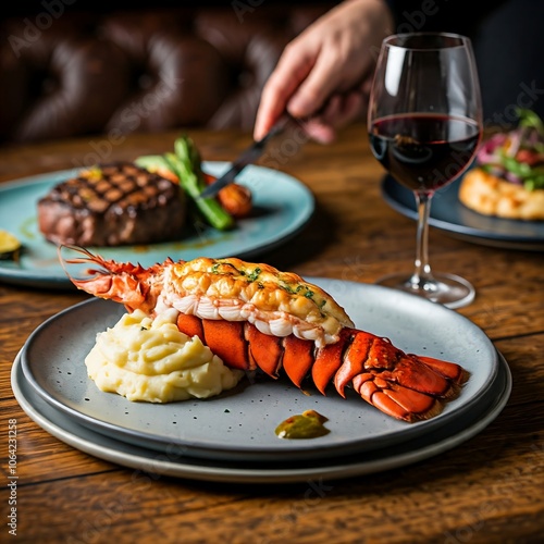 lobster tail, mashed potatoes, plated dinner, luxurious, lobster being cut, lobster, food, plate, meal, dinner, restaurant, party food, dinning food, holiday food, meat photo