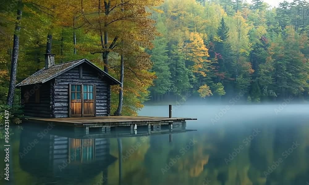 A wooden cabin with a wooden dock in the middle of a lake on a foggy morning. A wooden cabin with a wooden dock in the middle of a lake on a foggy morning.