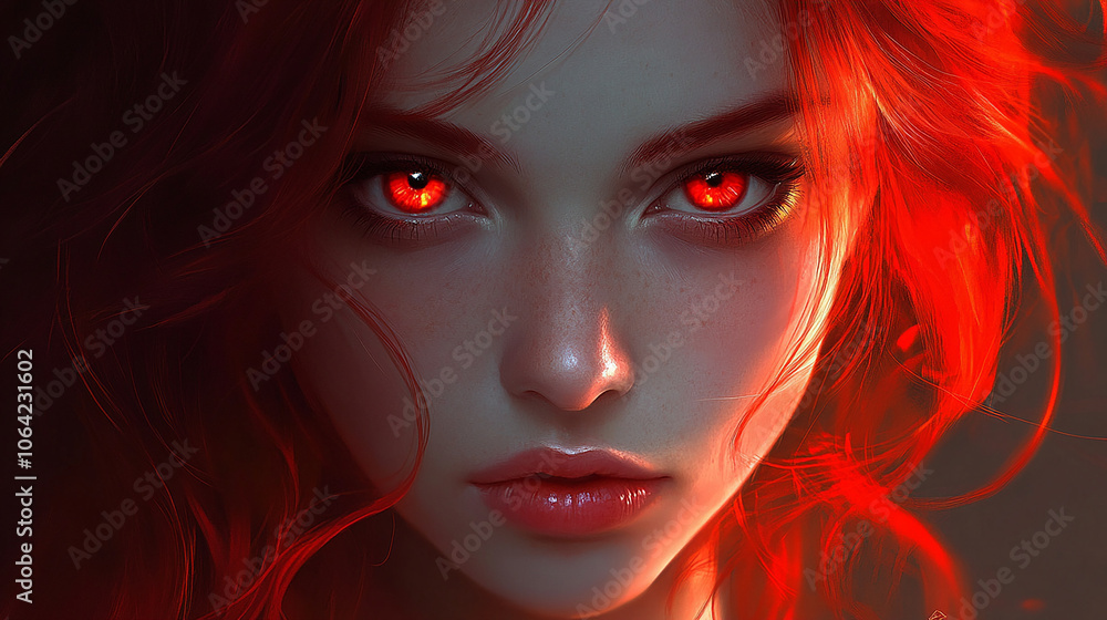 Beautiful woman with red hair and red eyes intense g Beautiful woman with red hair and red eyes intense g