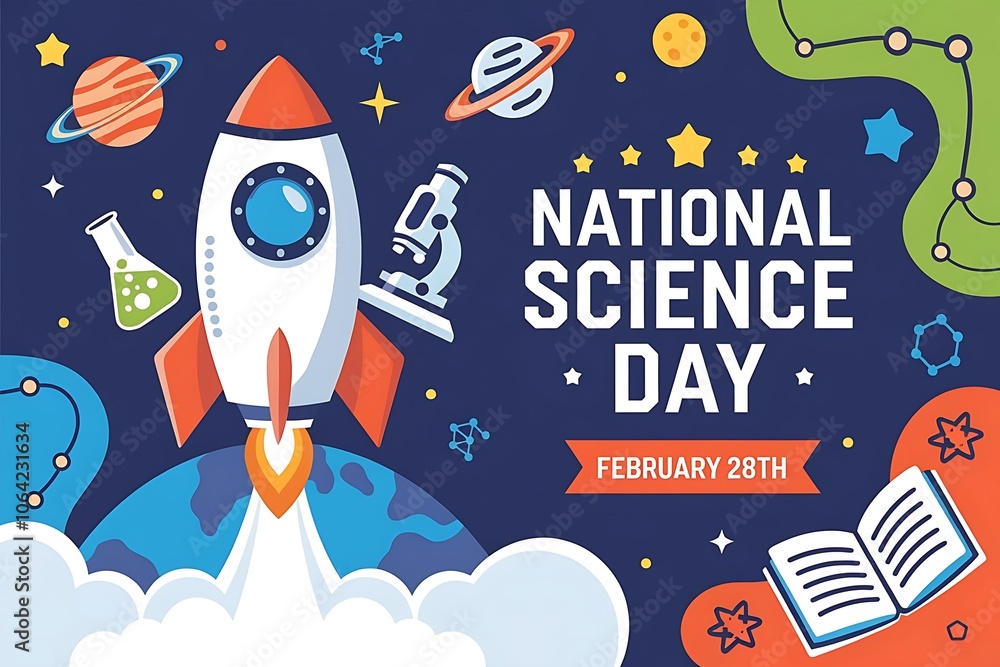 Fototapeta premium National Science Day Colorful Illustration with Space and Science Elements