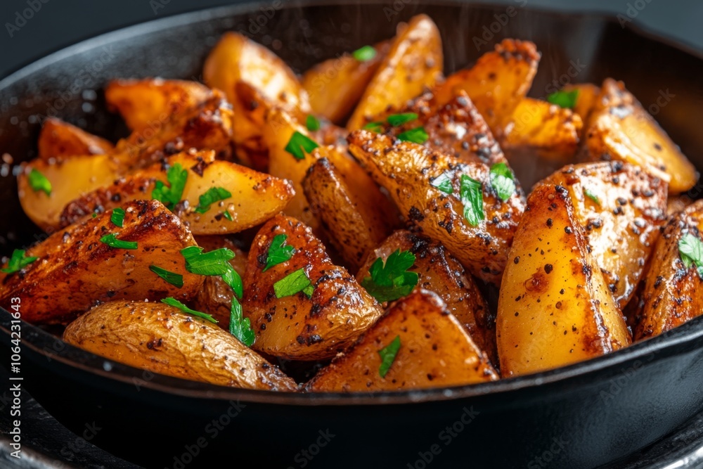 Potato wedges flipping in a cast-iron skillet, with crispy edges and savory aroma Potato wedges flipping in a cast-iron skillet, with crispy edges and savory aroma