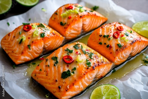 Salmon marinating in a spicy chili-lime sauce, with bright red chili flakes and lime zest adding color and heat photo