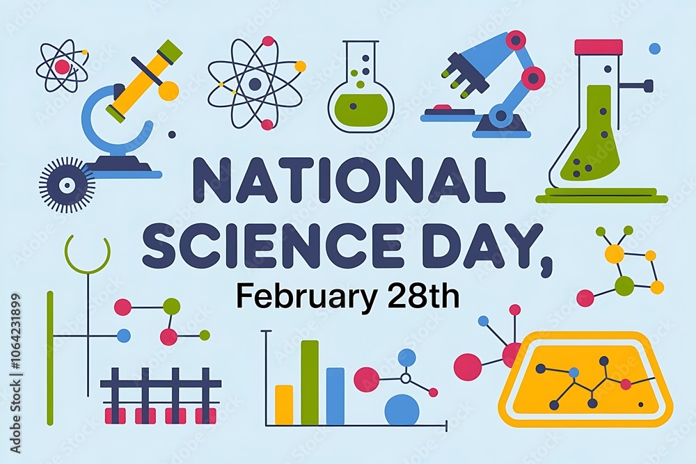 National Science Day Colorful Illustration with Space and Science Elements National Science Day Colorful Illustration with Space and Science Elements
