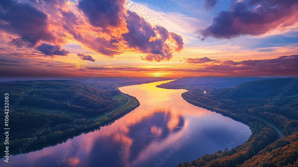A stunning aerial view of the expansive river, reflecting the vibrant colors and dramatic clouds above A stunning aerial view of the expansive river, reflecting the vibrant colors and dramatic clouds above