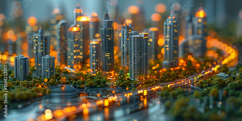 Futuristic Miniature Smart City Model, Illuminated Urban Landscape with Skyscrapers

