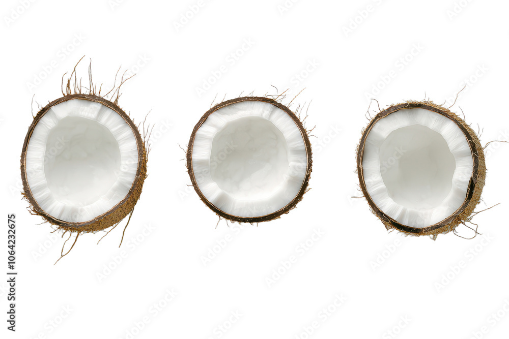 Three coconut halves isolated transparent background on transparent background Three coconut halves isolated transparent background on transparent background