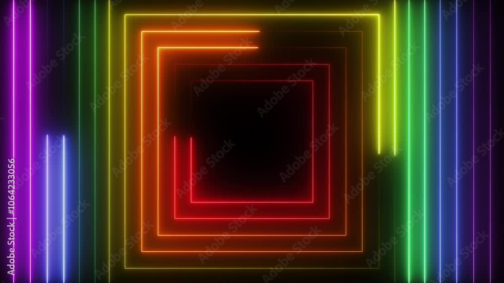 Neon concentric squares with colorful glow on dark background. Seamless loop Neon concentric squares with colorful glow on dark background. Seamless loop