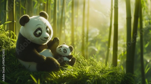 Panda family playing in a bamboo forest under soft sunlight photo